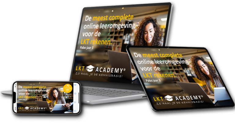 Laptop, tablet en smartphone mockups van de LKT Academy die de complete online leeromgeving voor LKT rekenen tonen.