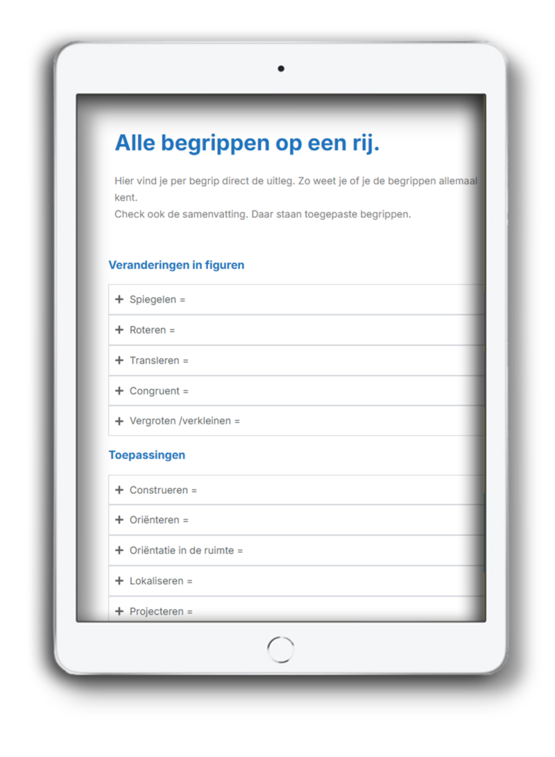Begrippenlijst van de LKT Academy op een witte tablet met onderwerpen over veranderingen in figuren en toepassingen binnen het domein rekenen en wiskunde.