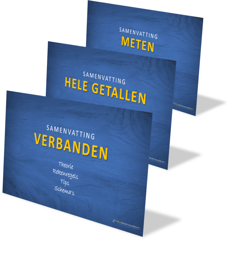 Drie blauwe kaarten met samenvattingen voor de LKT Academy pabo rekentoets over de domeinen verbanden, hele getallen en meten.