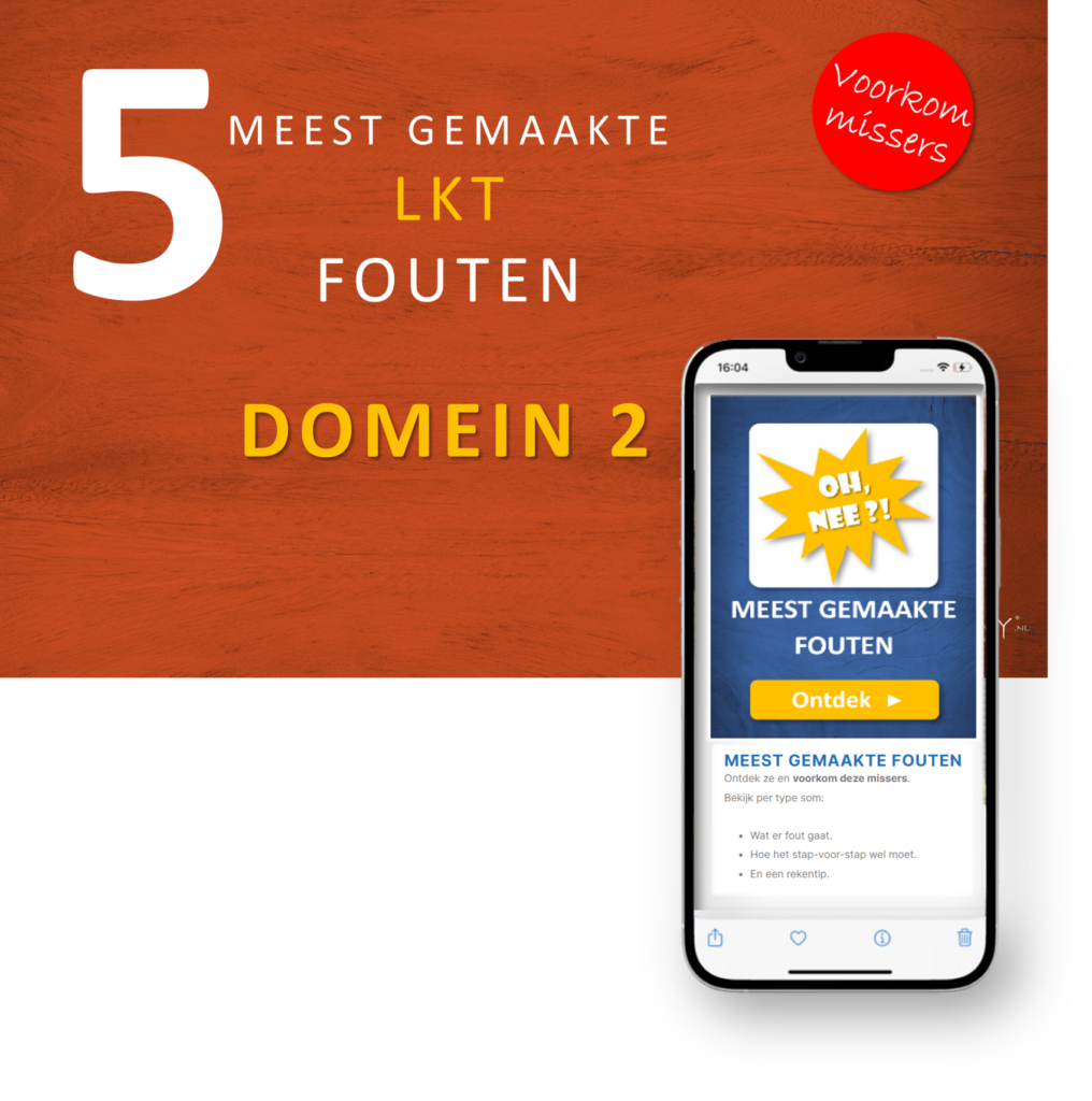 Banner van de LKT Academy over de 5 meest gemaakte LKT fouten in Domein 2 met een smartphone mockup.