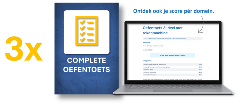Promotieafbeelding van de LKT Academy voor een complete pabo rekenoefentoets met weergave van scores per domein op een laptop.